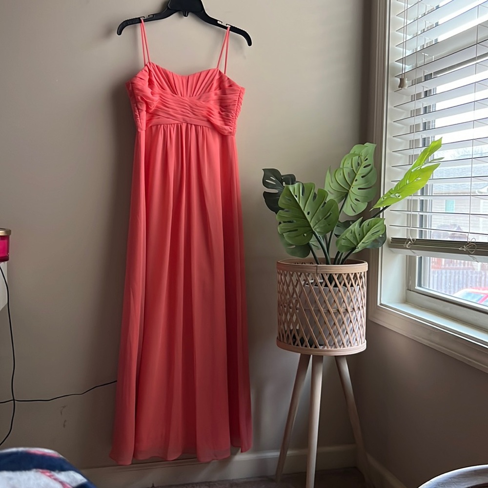Bridesmaids coral long dress David’s bridal